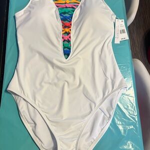 Blue Rod Beattie White One-Piece Swimsuit with Colorful Accents